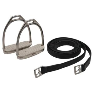 Steigbügel und Riemen Set aus rostfreiem Edelstahl für Reiterinnen und Reiter, perfekt für längere Reitungen, stabil und komfortabel.