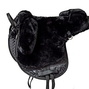Hochwertiger Fellsattel mit echtem Merino Lammfell und baumlosem Bare-Back-pad für Pferde, Größe Pony, Farbe schwarz