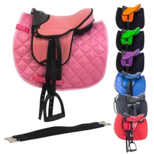 Holzpferd Sattel Set in Pink mit Sattelgurt, Schabracke, Steigbügel & -Riemen aus Kunstleder