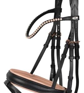 Trense aus Leder, Reithalfter mit geradem Genickstück und Ohrenfreiheit, Zaumzeug für Pferde, Größe Vollblut, schwarzes Leinwand-Reithalfter