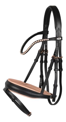 Trense aus Leder, Reithalfter mit geradem Genickstück und Ohrenfreiheit, Zaumzeug für Pferde, Größe Vollblut, schwarzes Leinwand-Reithalfter