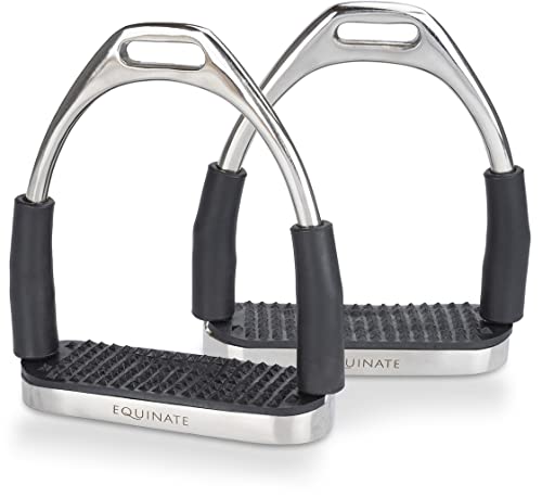 Sicherheitssteigbügel für Reiter, Equinate Fremont 12cm Edelstahl mit Anti-Rutsch Trittfläche aus Gummi, Steigbügel für Erwachsene und Kinder, Entlastet die Fußgelenke