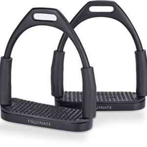 Equinate Sicherheitssteigbügel Oregon 12cm Schwarz Matt mit Anti-Rutsch Trittfläche aus Gummi für Erwachsene und Kinder, bequeme Steigbügel zur Entlastung der Fußgelenke, 2 Stück