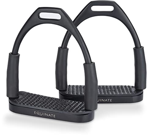 Equinate Sicherheitssteigbügel Oregon 12cm Schwarz Matt mit Anti-Rutsch Trittfläche aus Gummi für Erwachsene und Kinder, bequeme Steigbügel zur Entlastung der Fußgelenke, 2 Stück