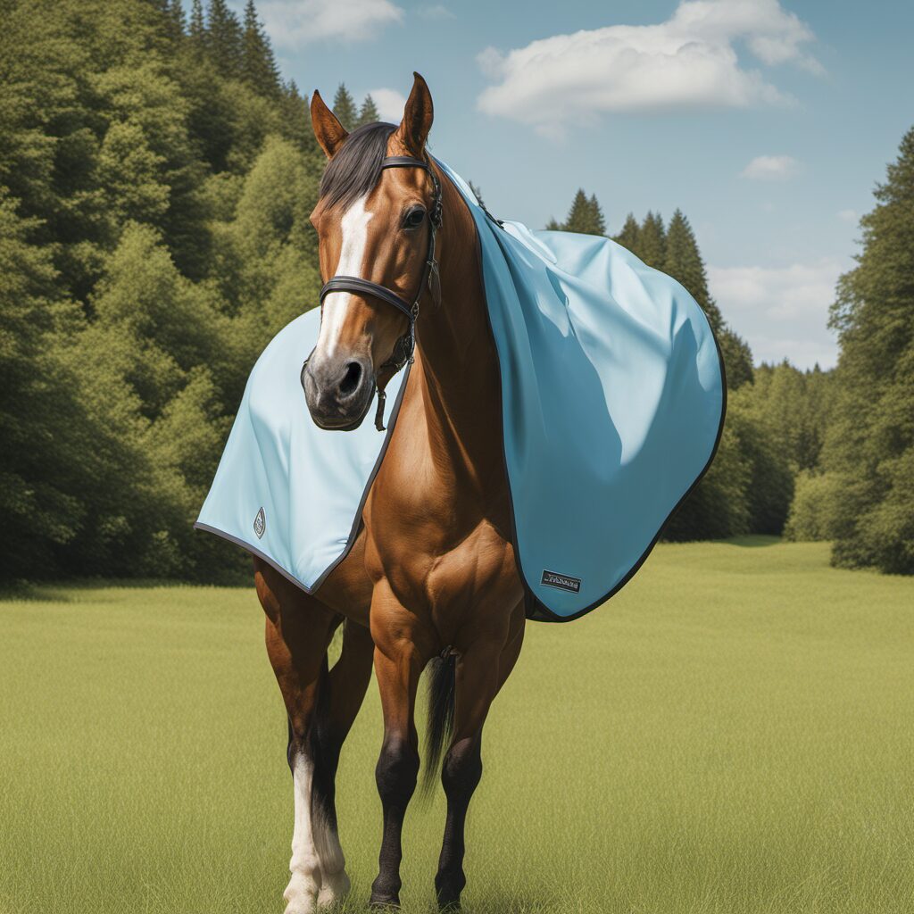Bild einer Fliegenschutz-Maske auf dem Kopf eines Pferdes, um es vor Insektenstichen und UV-Strahlen zu schützen.