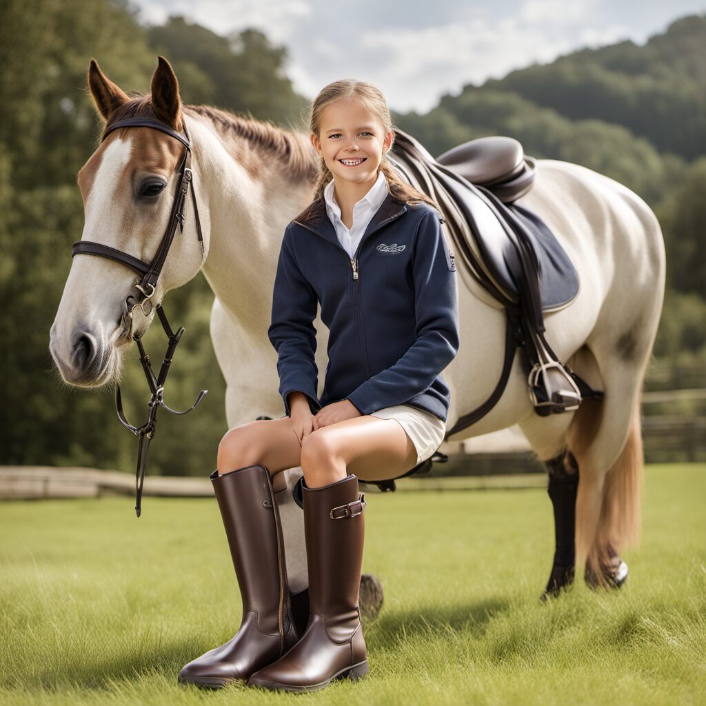 Pferdefreundin auf Pferd mit Reitstiefeln in idyllischer Landschaft