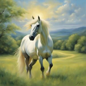 Entspanntes Pferd mit Halfter in einer idyllischen Landschaft