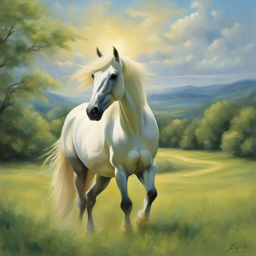 Entspanntes Pferd mit Halfter in einer idyllischen Landschaft