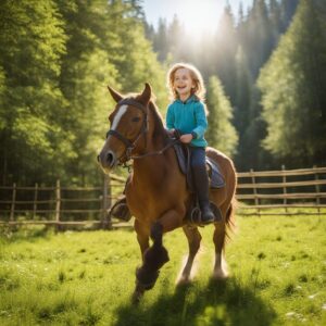 Kinderreiter in einem Wald auf einem Pferd, mit einer RL24 HKM Kinderreithose und Stiefeln getragen.