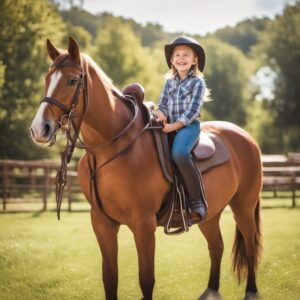 Fröhliche junge Reiterin sitzt auf einem Pferd und zeigt ihre neue Reithose, die im Hintergrund ein Kindersitz und einige Pferde zu sehen sind.