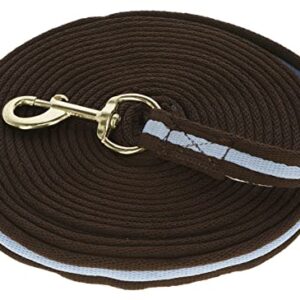 Hochwertige Longierleine für Pferde mit Drehkarabiner und Handschlaufe, braune Softlonge mit hellblauen Muster in einem Mischgewebe von 8 Metern Länge