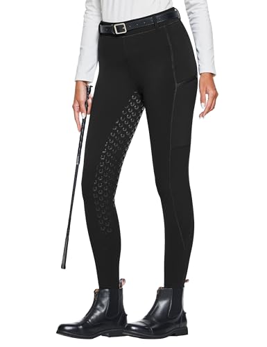 Damen Winterreitleggings Fleece-Reithose Silikon Vollbesatz Reithose mit Reißverschluss-Taschen und Gürtelschlaufen, Schwarz, L