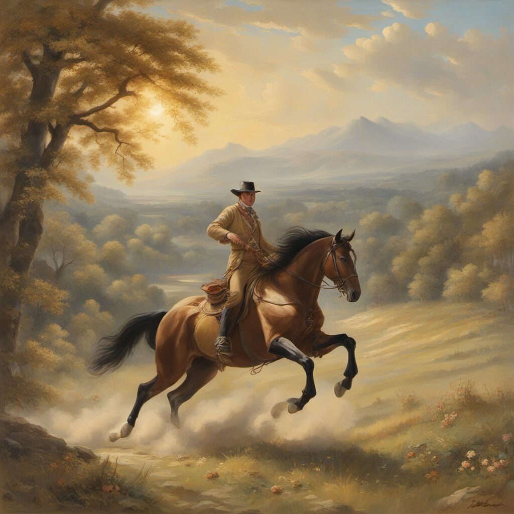 Reiter auf einem Pferd mit elegantem Zaumzeug und Zügeln in einer idyllischen Landschaft