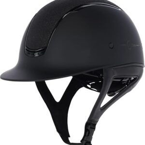 Reithelm mit Disc-System, ERT-System und Belüftungssystem. ABS-Helmschale nach EN 1384:2023. Glitzerapplikation und edles Schwarz-Matt-Design.