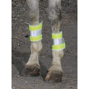 Vier Reflektor-Gamaschen in Neongelb von Eldorado, perfekt für die visuelle Identifizierung und Sicherheit deiner Pferde bei Reitaktivitäten.