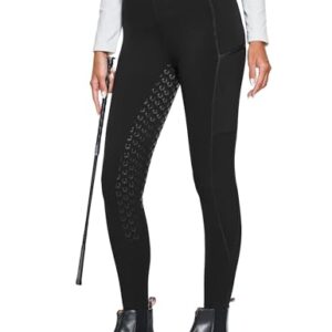 Damen Winterreitleggings Fleece-Reithose Silikon Vollbesatz Reithose mit Reißverschluss-Taschen und Gürtelschlaufen, Schwarz, M - Warme und bequeme Reithose für Damen