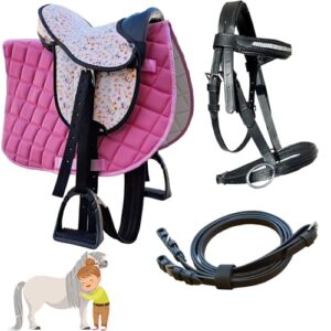 Kinderschettysattel in rosa mit Trense und Zügel, ideal für erste Reitversuche