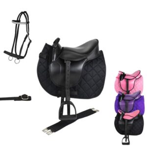 Sattel für Holzpferd mit Sattelgurt, Schabracke und Trense in schwarz | Sattel aus Kunstleder | Größe 12 Zoll