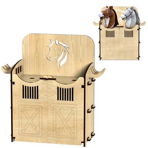 Holzspielzeug-Stable mit Pferd, Hobby-Horsing-Zubehör, Doppelgeschoss-Stauraum und 6 Haken