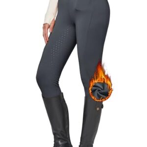 Damen Reithose Winter gefüttert, Reitlegginungen mit Silikon Vollbesatz, Reitsport Thermo Hose mit Taschen und Gürtelschlaufen, dunkelgrauer Farbton
