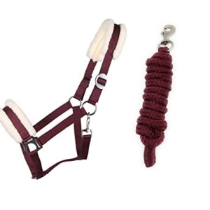 ARBO-INOX Halfter-Set Starter mit Kunstfell Halfter und Führstrick für Cob Vollblut Pferde, Bordeaux Farbe, Reitsportequipment