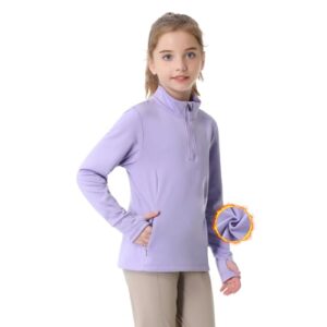 Beröy Mädchen-Fleece-Langarm-Shirt, halber Reißverschluss, Thermo-Kinderreit-Shirt, Daumenloch-Taschen, Violett, Large - ein weites und warmes Langarm-Shirt für Kinder mit Fleece-gefüttertem Stoff und halbem Reißverschluss