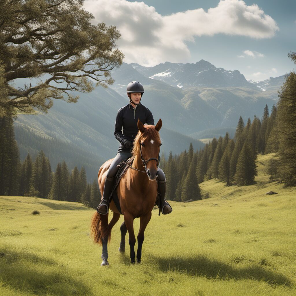 Reiter mit Pferd durch idyllische Landschaft, D-Gebisse im Hintergrund