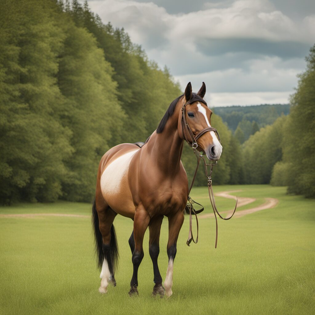Pferd mit Aufziehtrensen im Mund in einem ländlichen Szenario, ideal als Geschenk für jeden Reiter