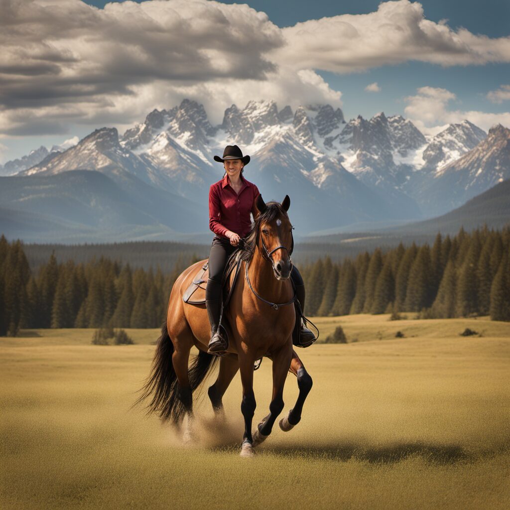 Ein Bild eines Reiters auf einem Pferd mit Hackamore im offenen Feld, sicher und bequem reiten.