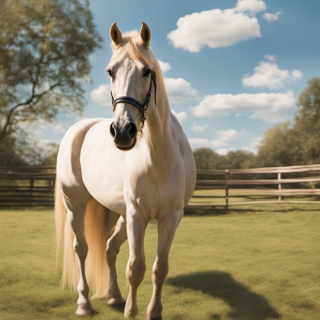 Ein Pferd mit einem stabilen und ergonomischen Halfter, perfekt für Reitspaß oder Geschenkidee