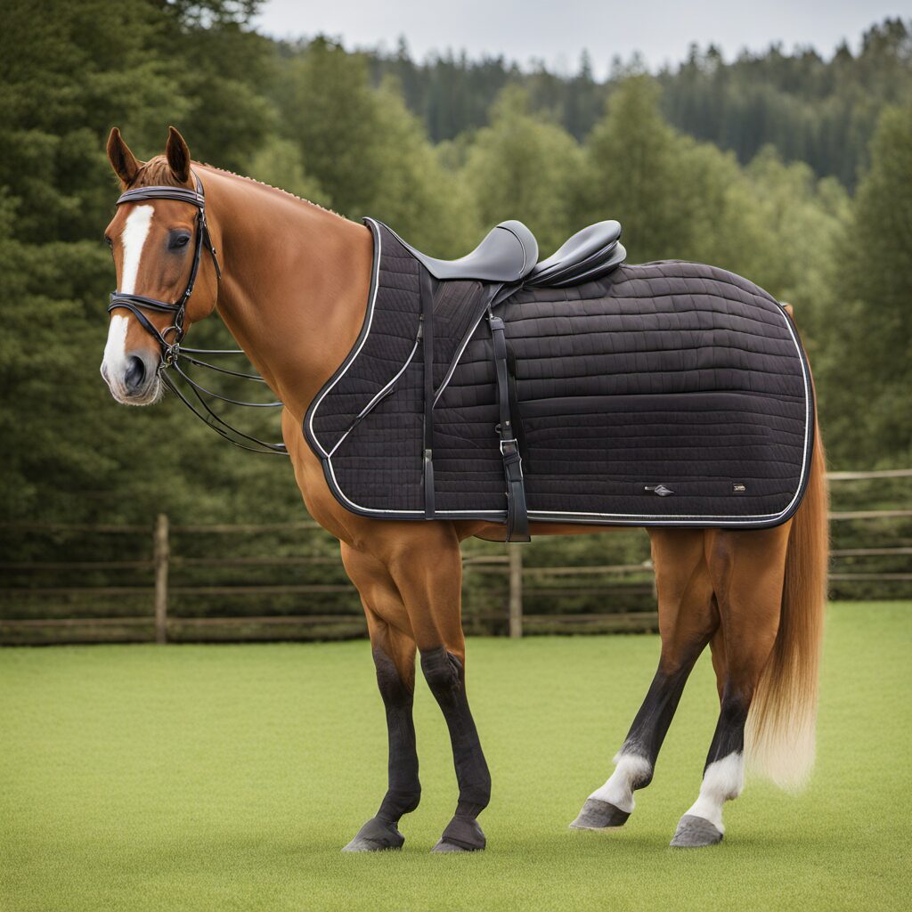 Ein Reiter mit einem Pferd im Hintergrund, beides haben ein Lammfell-Satteldecke aufgespannt