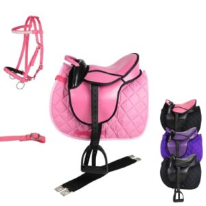 Holzpferd-Sattel-Set in pink, Sattel für Holzpferde mit Sattelgurt, Schabracke, Trense, Steigbügel und -Riemen, Kunstledersattel