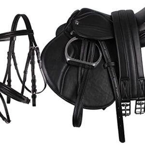Pony Sattel-Set Komplett inkl. Sattelgurt, Steigbügelriemen und Steigbügeln | Geeignet für Kinder | Robustes und langlebig | Leichtes Gewicht (schwarz)