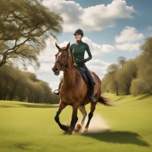 Reiter auf einem Pferd durch eine grüne Landschaft mit Jodhpur-Stiefeletten und Kappe, Sattelbox im Hintergrund.