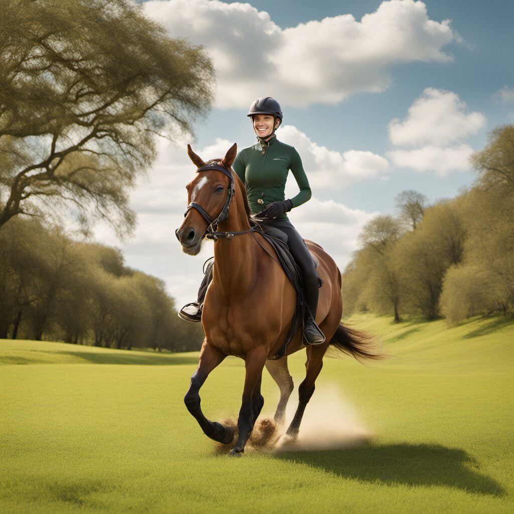 Reiter auf einem Pferd durch eine grüne Landschaft mit Jodhpur-Stiefeletten und Kappe, Sattelbox im Hintergrund.