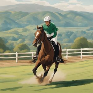 Reiter auf einem Pferd mit Handschuh, Reitsportplatz im Hintergrund