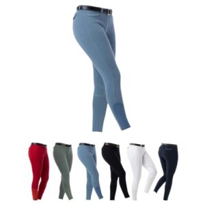 Reithose für Mädchen und Jungen Alexandrie mit Kniebesatz aus Stoff, Eingrifftaschen vorn und Reitleggingen in Blau