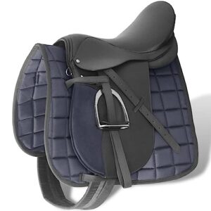 Sattel aus echtem Leder, Schwarz, 18cm, Sattelset mit Steigbügeln und Gurt für Pferd