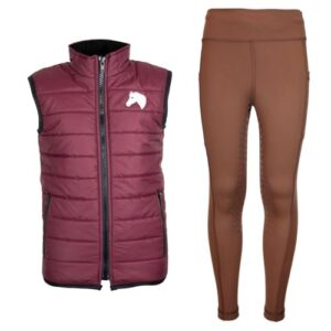 Winter Reitset für Kinder, inklusive Maroon Reitweste und Braun Reitleggings, perfekt für Pferdefreunde