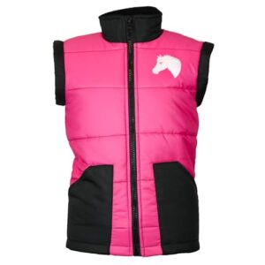 Pink Reitweste mit schwarzen Details und weissem Pferdekopf, ideal für Kinder im Reitsport oder Alltagsleben