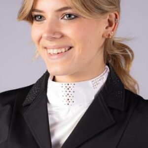 Das Amesbichler Reitsport Harry`s Horse Damen Plastron Galaxy ist ein elegantes Plastron für Dressurreiterinnen, ausgestattet mit funkelnden Kristallakzenten und einem praktischen Klettverschluss.