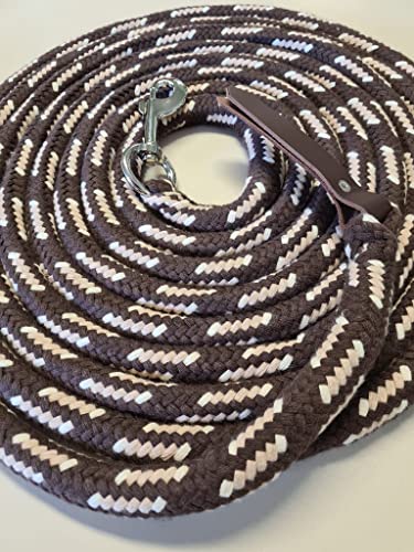 Bodenleine Bodenseil 4 Meter braun beige Natur Baumwolle mit Karabiner und Lederklatsche, robustes Seil für Reitausfahrten, sicherer Begleiter für Pferde und Reiter