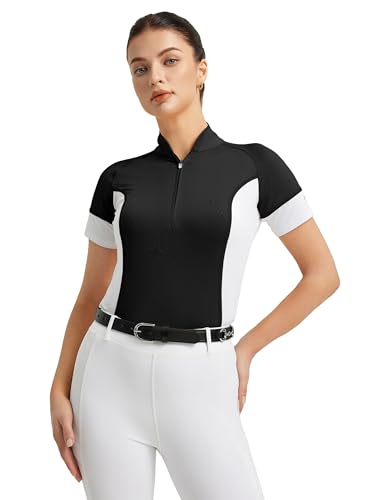 FitsT4 Sports Damen Reitshirt Kurzarm Reithemden Schnell Trocken Funktionsshirt mit Halber Reißverschluss Sommer Reitsport Mädchen Schwarz XL - Damen Reitshirt für den Sommer geeignet, schnell trocknend und bequem zu tragen