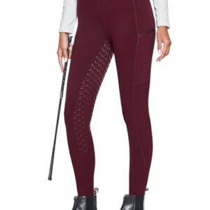 Damen Winterreitleggings, Fleece-Reithose mit Silikon-Vollbesatz und Reitverschluss-Taschen und Gürtelschlaufen, Weinrot