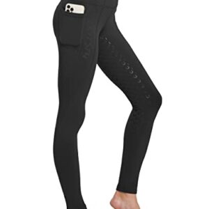 Damen Winterreitleggings Silikon Vollbesatzreithose mit Fleecefutter und Handytasche, Schwarz, L Größe, ideal für Reiten und Outdoor-Aktivitäten