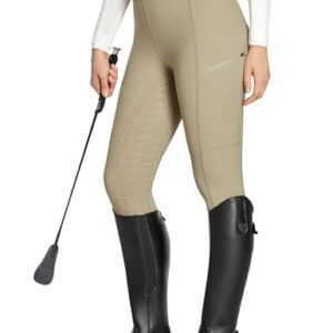 FitsT4 Sports Reitleggings Damen Reithose Mädchen Silikon vollbesatz mit Handytasche und Gürtelschlaufen für Reitsport Pferdetraining, Khaki