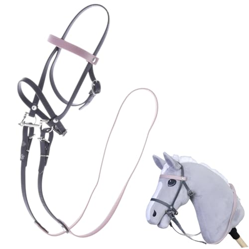 Komplette Trense für Steckenpferd mit Zügeln und Stirnriemen in Grau mit Pink Farbe
