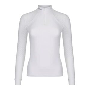 Weißes, langesärmiges Reitsport-Show-Shirt mit modernem und praktischem Design für Damen