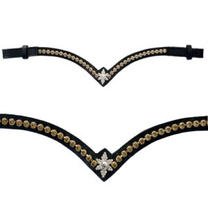 Hochwertiger Stirnriemen für Pferde, schwarz Leder, Glitzersteine, Geschenkbox