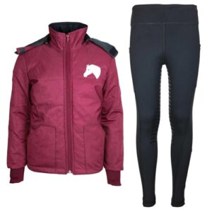 Kinder Reitjacke Mia Maroon mit Reitleggings Schwarz für junge Reiterinnen - warme und weiche Reitjacke mit abnehmbarer Kapuze und hochwertigem Fleecefutter